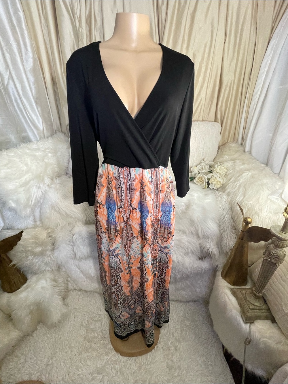 Beige by eci Black Wrap Maxi Dress with Peach and Blue Paisley Skirt